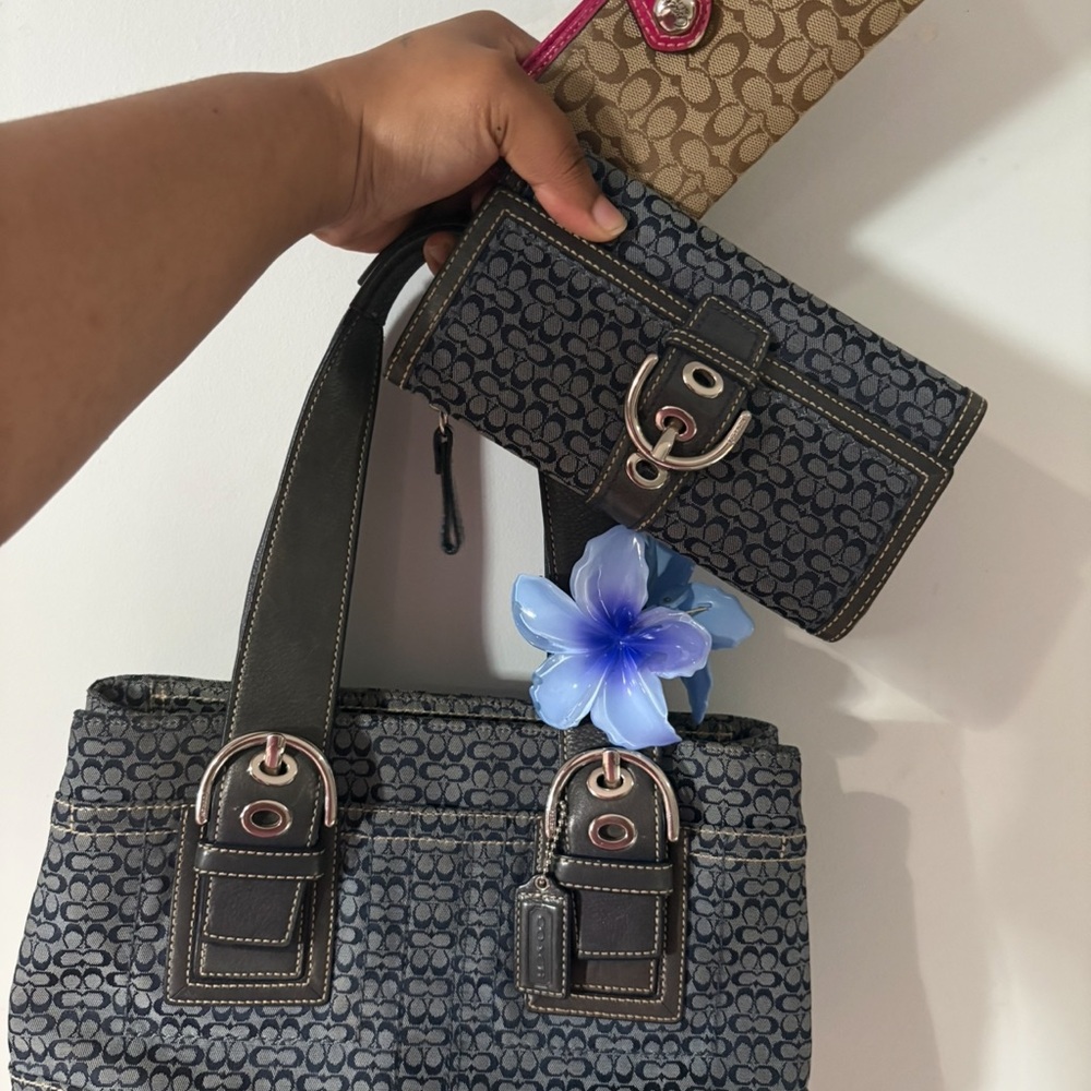 Coach Navy Signature Canvas Tote with Dark Leather Trim and Matching Wallet